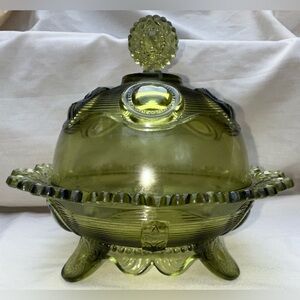 Imperial Covered Butter Dish‎ Glass 1960s DEWEY PATTERN Green Verde Footed Round